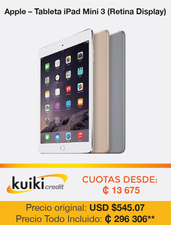 Apple – Tableta iPad Mini 3 (Retina Display) Kuiki Credit Cuotas desde: ₵ 13 675, Precio original: USD $545.07, Precio Todo Incluido: ₵ 296 306 