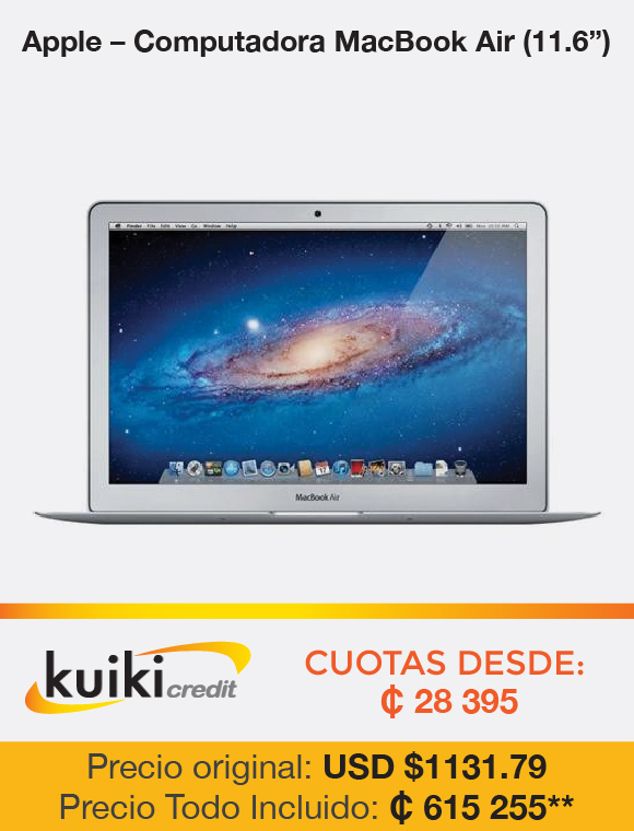 Apple – Computadora MacBook Air (11.6”) Kuiki Credit Cuotas desde: ₵ 28 395, Precio original: USD $1131.79, Precio Todo Incluido: ₵ 615 255 